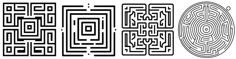 Poster - intricate designs of geometric mazes with varying complexities on a minimalist background