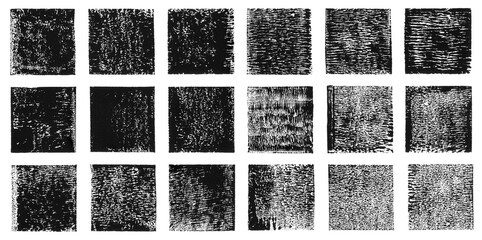 Poster - Linocut hand printed small square shapes collection. Grungy textured relief block printing squares, rough scuffed textures set. Lino ink grunge text frames boxes templates. Artistic retro backgrounds