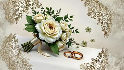 Poster - A bouquet of white roses is sitting on a table. There are two rings on the table, one on each side of the bouquet