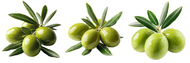 Poster - On a transparent background, an image of isolated green olives complete with leaves has been generated using Ai