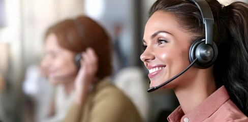 Poster - Customer service representative smiling while wearing headset