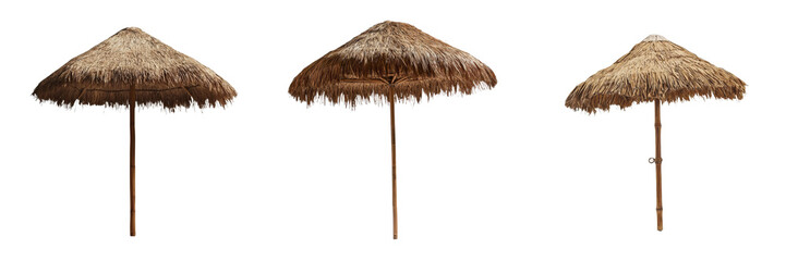 Poster - Generative Ai has created an image of a thatched beach umbrella isolated against a transparent background