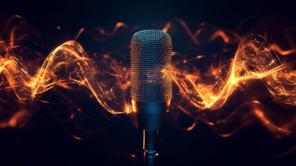 Poster - Sound waves transforming studio microphone digital art darkened space close-up twisting gigapixel visuals