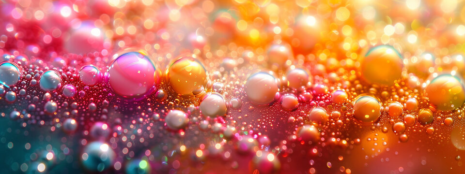 Macro Shot of Colorful Oil Bubbles in Water: A Captivating Study of Iridescent Hues and Abstract Liquid Patterns. Banner