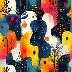 Poster - Abstract Seamless Pattern with Geometric Shapes and Floral Elements in Vibrant Colors