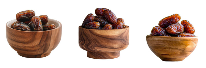 Poster - Isolated on a transparent background is a wooden bowl containing dried dates, generated by Ai