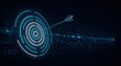 © Florence - Hit the bullseye. Virtual digital target with arrow in the center. Abstract futuristic illustration with dark blue tech background.