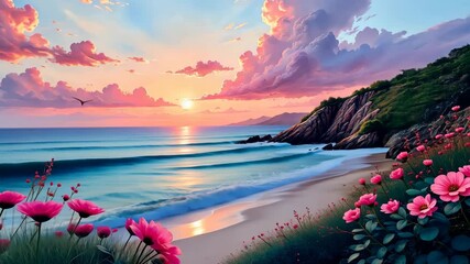 Poster - A beautiful beach scene with pink flowers and a sunset in the background. The sky is filled with clouds and birds can be seen flying in the distance