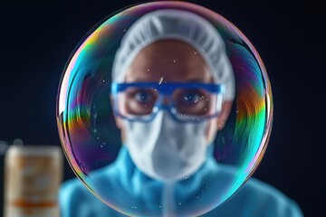 Poster - Scientist observing the intricate details of a soap bubble in a lab setting