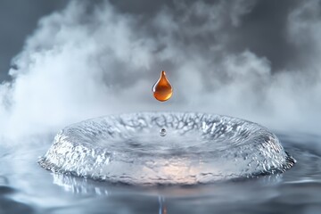 Poster - Water drop creates ripples on surface in misty atmosphere with beautiful clarity