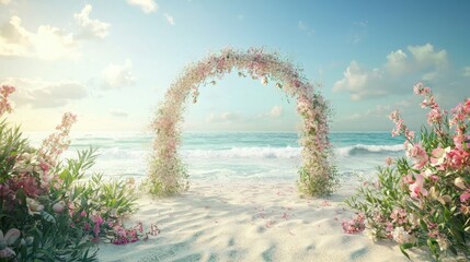 Poster - A beach wedding background featuring a floral arch and the ocean horizon. 