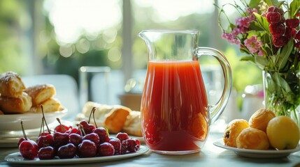 Poster - A breakfast table featuring a pitcher of cherry juice, surrounded by fresh fruits and pastries. 