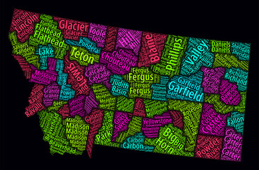 Poster - Montana Regions Word Clouds. Bright typographic style design on dark background. Montana region names tag clouds. Boundary shape. Beautiful vector illustration.