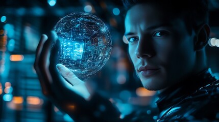 Poster - A businessman holding a glowing holographic global network infrastructure, ensuring seamless international business connectivity.
