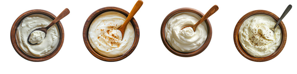 Poster - A wooden spoon and creamy yogurt in a wooden bowl are shown isolated on a transparent background, a creation of Generative Ai