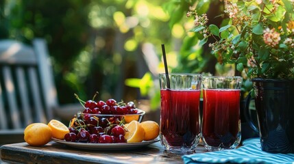 Poster - A cafÃ© patio scene with cherry juice served alongside other fresh beverages and snacks. 