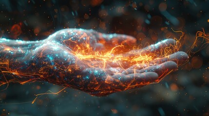 Poster - A detailed hand gripping a magnet, with energy lines depicted as jagged strokes emanating from the poles