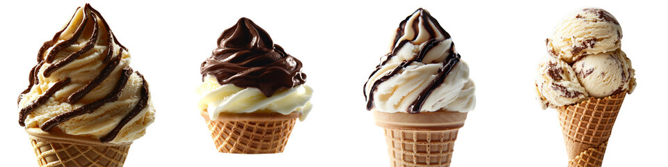 Poster - On a transparent background, Generative Ai has isolated a waffle cone containing chocolate and vanilla swirl soft serve ice cream