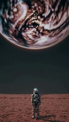 Wall Mural - Astronaut witnesses celestial phenomenon: swirling sky on alien terrain