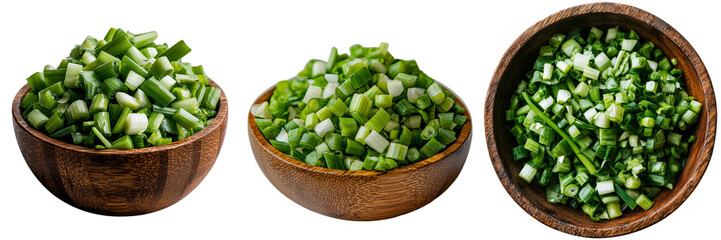 Poster - A transparent background isolates a wooden bowl filled with freshly chopped green onions, an image generated using Generative Ai