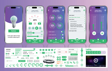 Poster - A set of UI UX elements for smart home management mobile apps: an interface with buttons, panels, graphs, and navigation for monitoring and controlling automation systems.