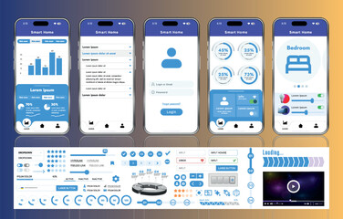 Poster - A set of UI UX elements for smart home management mobile apps: an interface with buttons, panels, graphs, and navigation for monitoring and controlling automation systems.