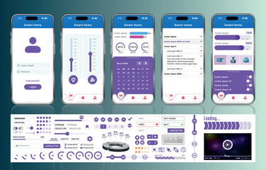 Poster - A set of UI UX elements for smart home management mobile apps: an interface with buttons, panels, graphs, and navigation for monitoring and controlling automation systems.
