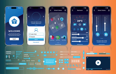 Poster - A set of UI UX elements for smart home management mobile apps: an interface with buttons, panels, graphs, and navigation for monitoring and controlling automation systems.