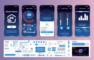 Poster - a set of ui ux elements for smart home management mobile apps: an interface with buttons, panels, gr