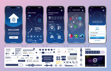Poster - a set of ui ux elements for smart home management mobile apps: an interface with buttons, panels, gr