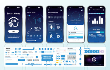 Poster - a set of ui ux elements for smart home management mobile apps: an interface with buttons, panels, gr