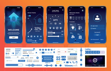 Fototapete - A set of UI UX elements for smart home management mobile apps: an interface with buttons, panels, graphs, and navigation for monitoring and controlling automation systems.
