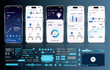 Poster - a set of ui ux elements for smart home management mobile apps: an interface with buttons, panels, gr