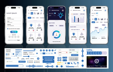 Poster - a set of ui ux elements for smart home management mobile apps: an interface with buttons, panels, gr