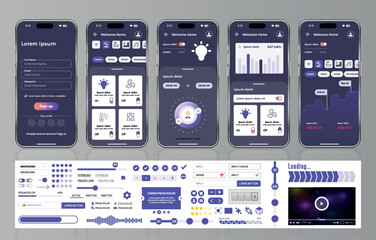 Poster - a set of ui ux elements for smart home management mobile apps: an interface with buttons, panels, gr