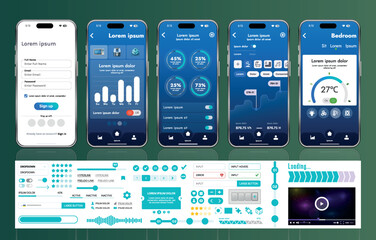 Poster - a set of ui ux elements for smart home management mobile apps: an interface with buttons, panels, gr