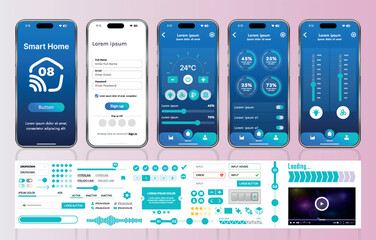 Poster - a set of ui ux elements for smart home management mobile apps: an interface with buttons, panels, gr