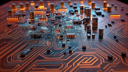 AI web network, circuit board and high tech with futuristic connection system or database. 3D digital innovation, electronics and hardware for electrical engineering binary motherboard line