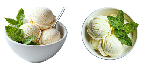 Aufkleber - Generative Ai has created an image of vanilla ice cream with Peppermint in a white bowl, isolated on a transparent background