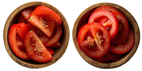Poster - Fresh red cherry tomatoes in a wooden bowl are set against a transparent background, a product of Generative Ai