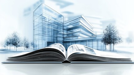 Wall Mural - drawing of an open book showing photos of modern architecture