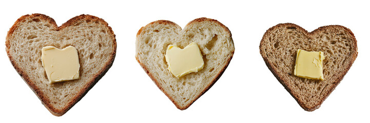 Poster - A heart-shaped piece of butter sits atop a slice of whole grain bread, isolated on a transparent background in an image generated by Generative Ai