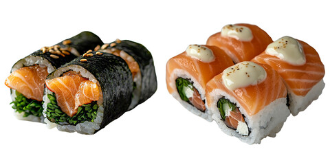Fototapete - On a transparent background, a realistic salmon maki sushi roll is isolated, a creation of Generative Ai