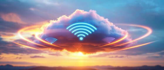 Aufkleber - A vibrant cloud emitting Wi-Fi signals against a colorful sunset sky, symbolizing connectivity and technology.