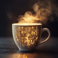 Poster - A coffee cup with digital binary data. Coffee for the programmer  