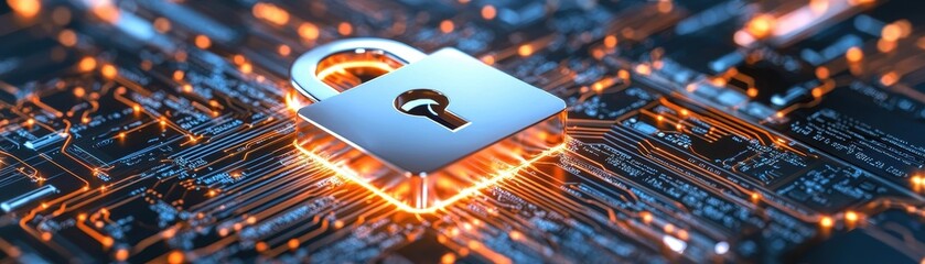 Poster - A digital lock symbolizing cybersecurity on a circuit board with glowing lines and connections.