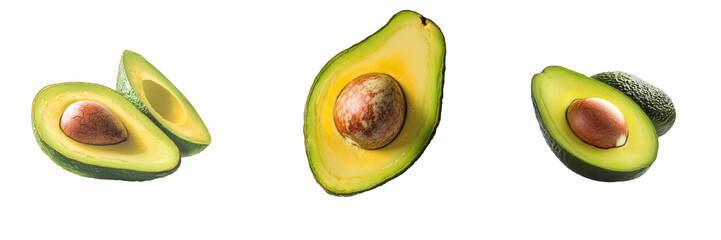 Poster - A fresh half avocado, distinguished by green textured skin and creamy yellow flesh, is presented in isolation on a transparent background, a product of Generative Ai technology