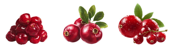Leinwandbilder - Realistic cranberry fruits accompanied by green leaves are depicted in isolation on a transparent background, courtesy of Generative Ai