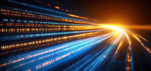 Aufkleber - Dynamic light trails create a sense of speed and motion, highlighting vibrant blues and warm yellows against a dark backdrop.
