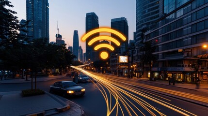 Poster - A cityscape at dusk featuring a Wi-Fi symbol with light trails from moving cars, showcasing urban connectivity.